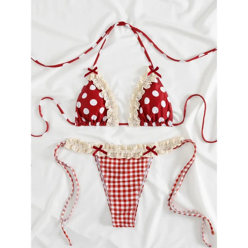 Nuova borsa morbida a pois con finiture in pizzo Bowknot Decor Halter Neck Tie Set bikini da festa sexy