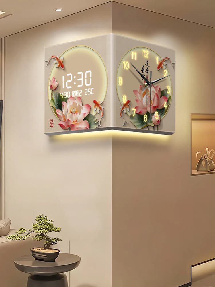 New wall clock in Chinese style, living room, perpetual creative calendar, electronic clock, painting with lotus wall lamp
