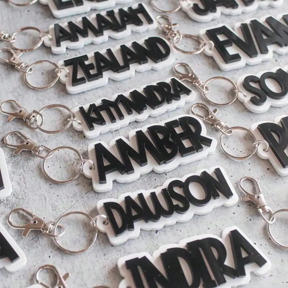 1 piece # Custom name key ring - Customized black and white PMMA accessory | Unique premium style laser etched for everyday use and gifts
