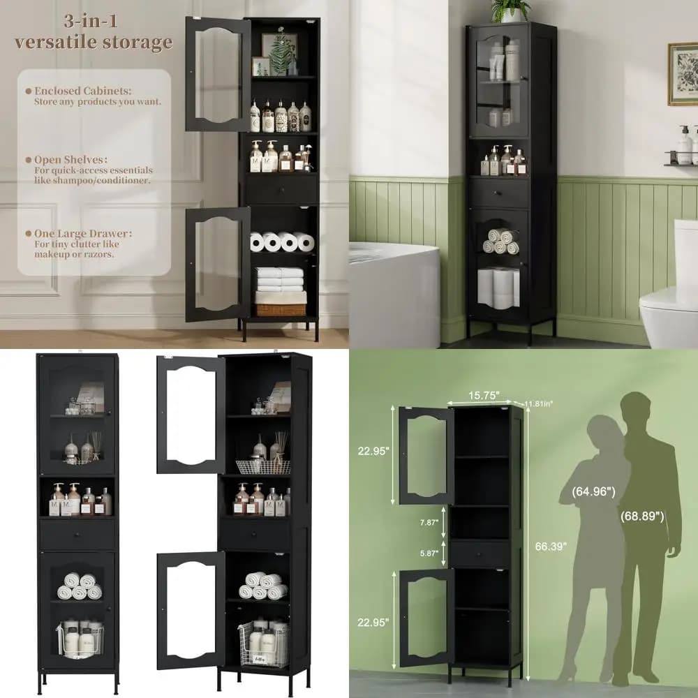 Armadio Alto Regolabile con Ante in Vetro 66.4 - Organizzatore Anti-Ribaltamento per Bagno, Cucina, Soggiorno in Nero