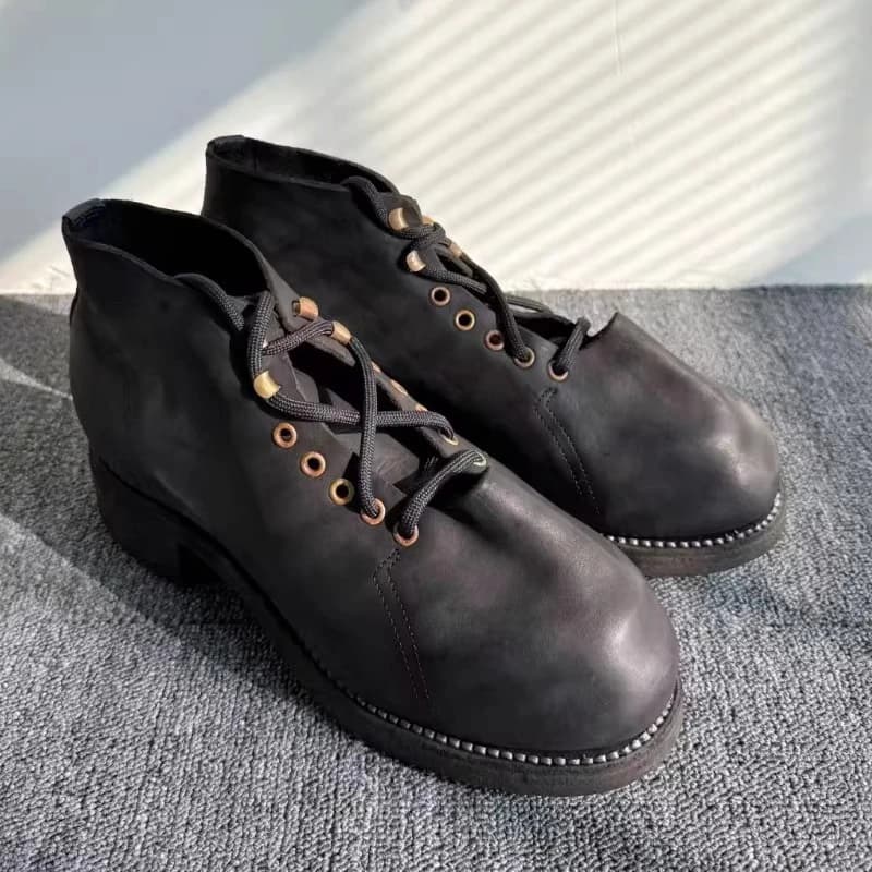 Fashion Men's Leather Riding Boots Rivet Mountaineering High Top Derby Shoes Lace-Up Metal Outdoor Mid-calf Hiking Boots