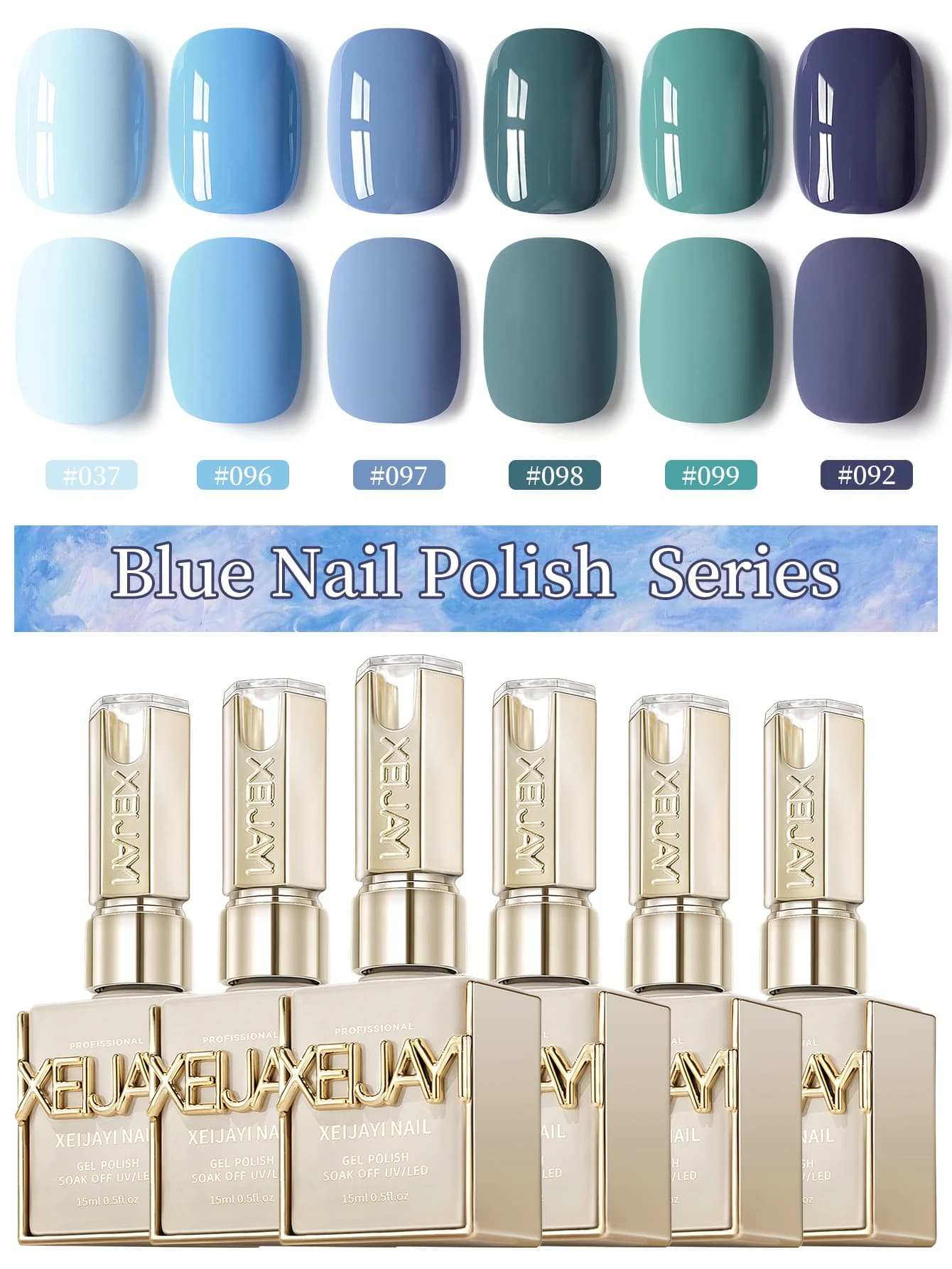 XEIJAYI 6 pezzi set di smalti per unghie gel blu UV LED ammollo gel per unghie, semipermanente, gel per nail art di qualità salone fai da te per le donne regalo