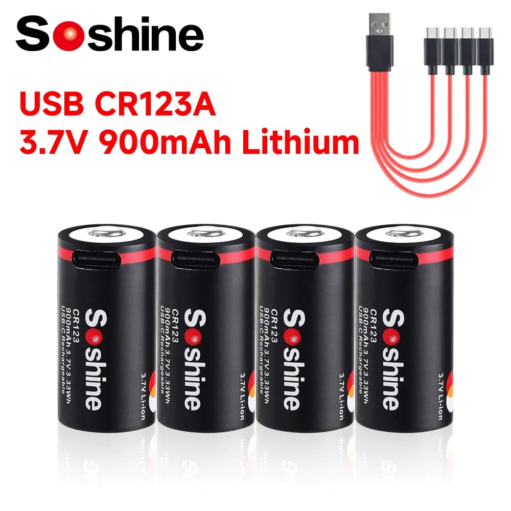 Soshine USB 3.7V Batteria agli ioni di litio 900mAh CR123 Batteria al litio 16340 Batteria ricaricabile per visione notturna Allarme fumo Torcia elettrica