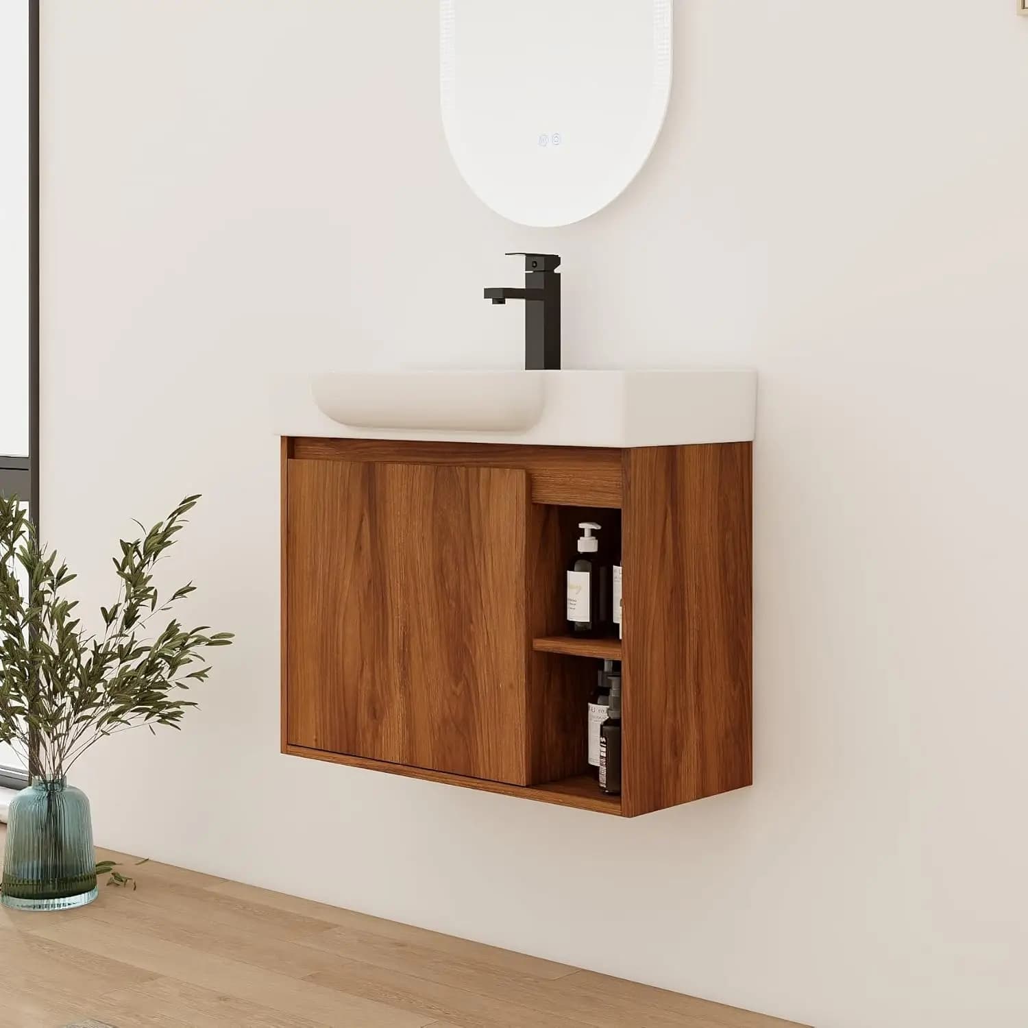 Mobile Bagno Sospeso da 28 Pollici con Lavabo in Ceramica, Mobile Lavabo Singolo Moderno Marrone a 1 Anta, Personalizzabile