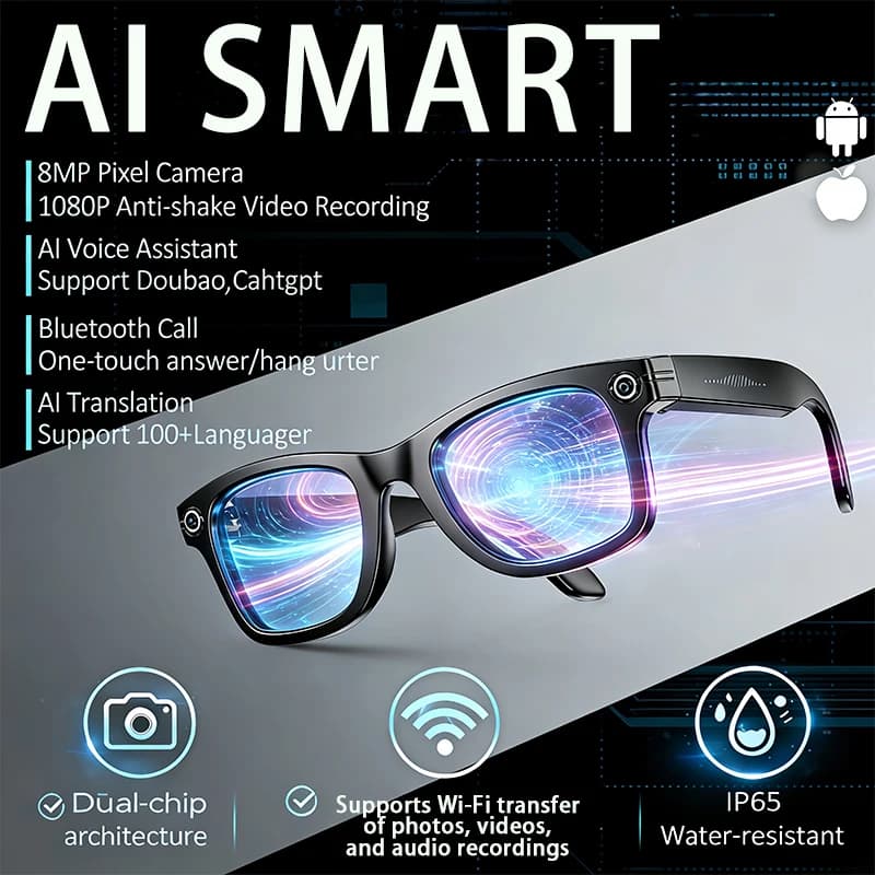Smart AI Glasses with 8MP Camera, Video Recording, Translation in More than 100 Languages, Bluetooth Calls, Musical Reproduction, For Men and Women 2026