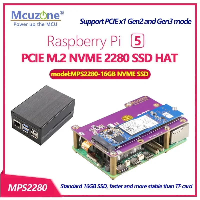 (model: MPS2280-16GB system disk) PCIE M.2 NVME 2280 Gen3 SSD HAT for Raspberry Pi 5,16 GB NVME SSD