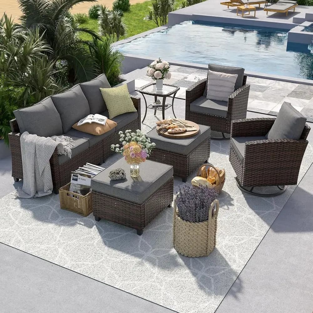Set da Esterno a 6 Pezzi con Sedia Girevole a Dondolo, Divano in Rattan Intrecciato Marrone, 4 Cuscini, Adatto per Giardino e Terrazza