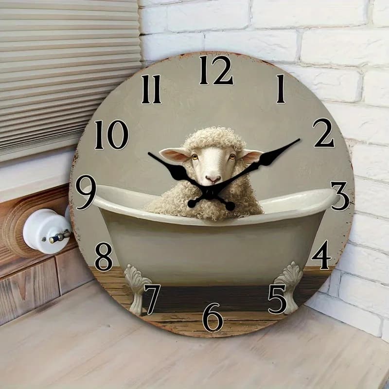 Orologio da parete silenzioso in legno, orologio decorativo circolare con design di pecora che si rilassa nella vasca da bagno, per soggiorno, camera da letto, 1 pezzo