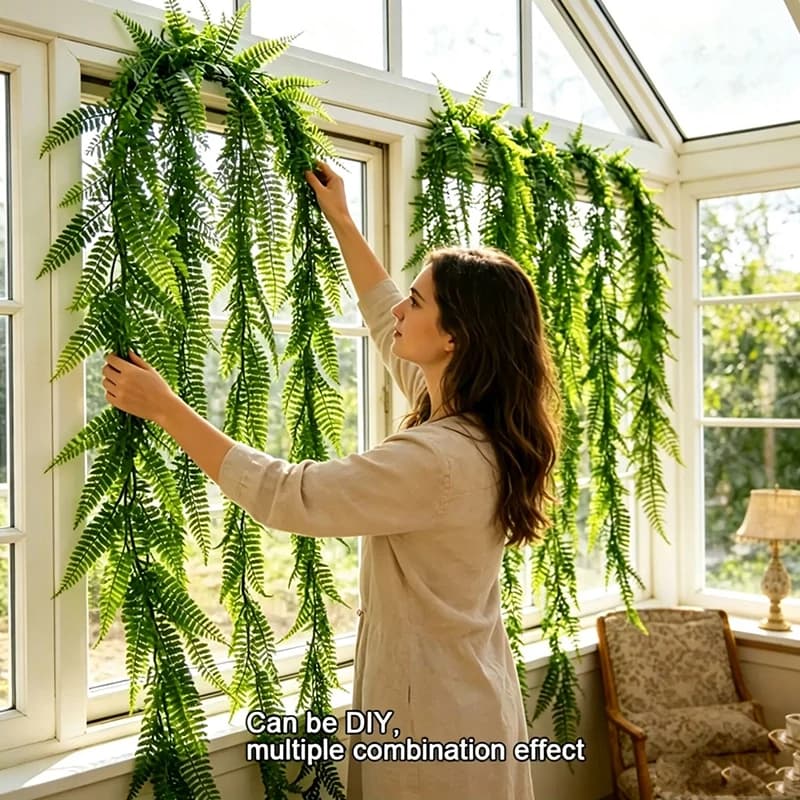 Artificial Fern Hanging Vine Fake Persian Grass Green Plant Garland Wall Window Balcony Wedding Decor DIY Greenery Pet Safety