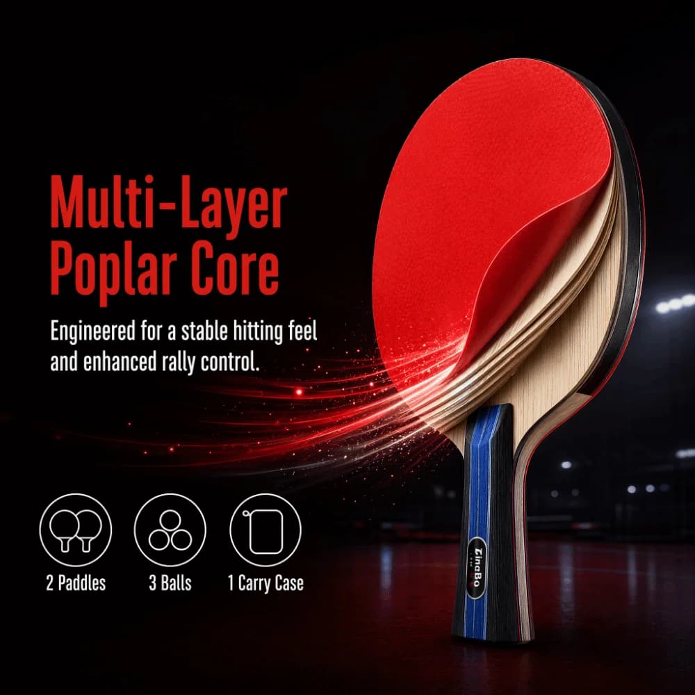 6PCS Poplar Wood Table Tennis Paddle Set Black Red Zippered Case Ping Pong Racket Set Flared Handle Dual Rackets