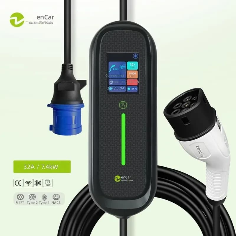 7kW 32A Type 2 Portable EV Charger Smart WiFi APP Adjustable for Electric Car with Blue CEE Plug Big Screen ZenCar