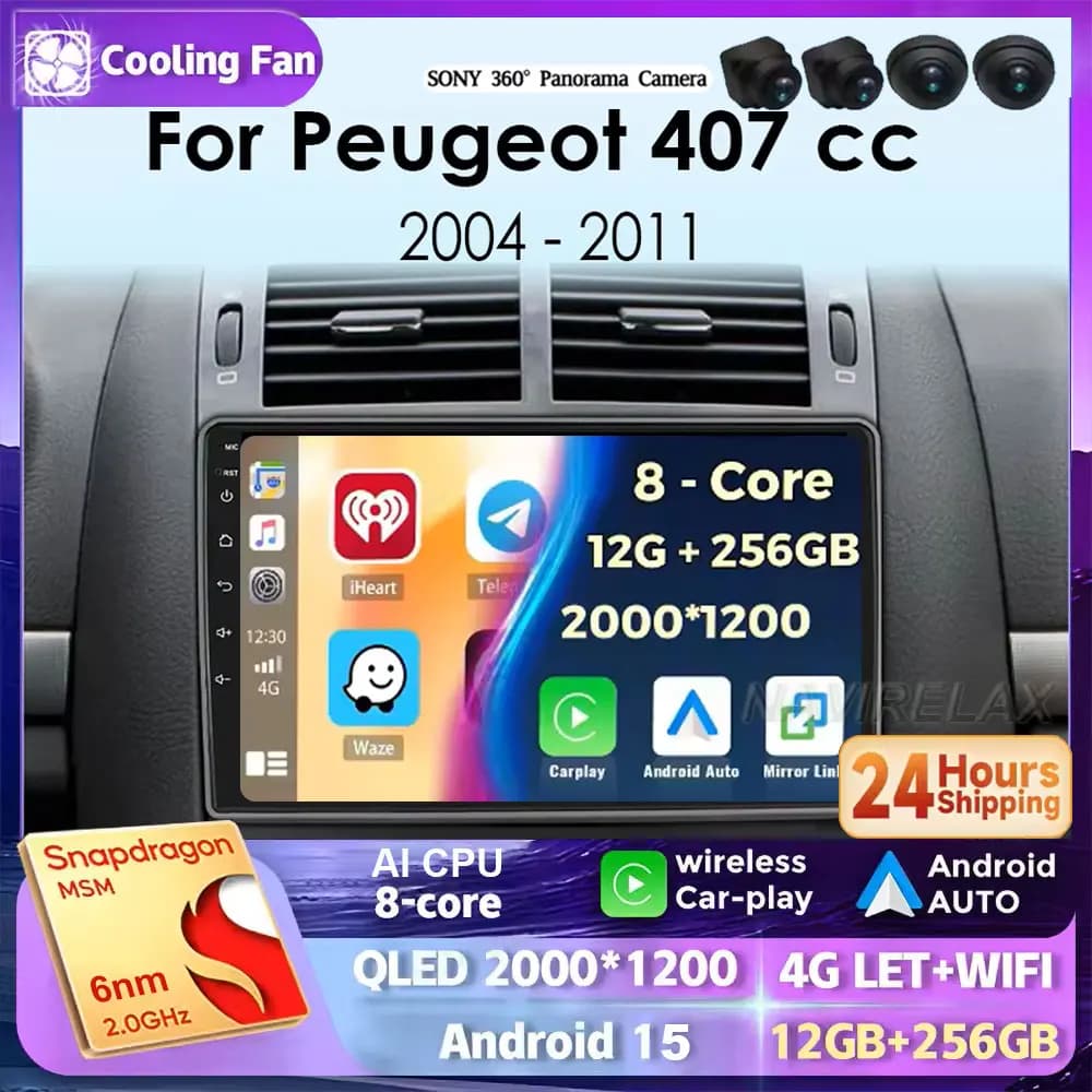 Android 15 Autoradio Lettore Qualcomm Auto Multimedia Radio Stereo per Peugeot 407 cc 407 sw 2004 - 2011 GPS Carplay Touch Screen