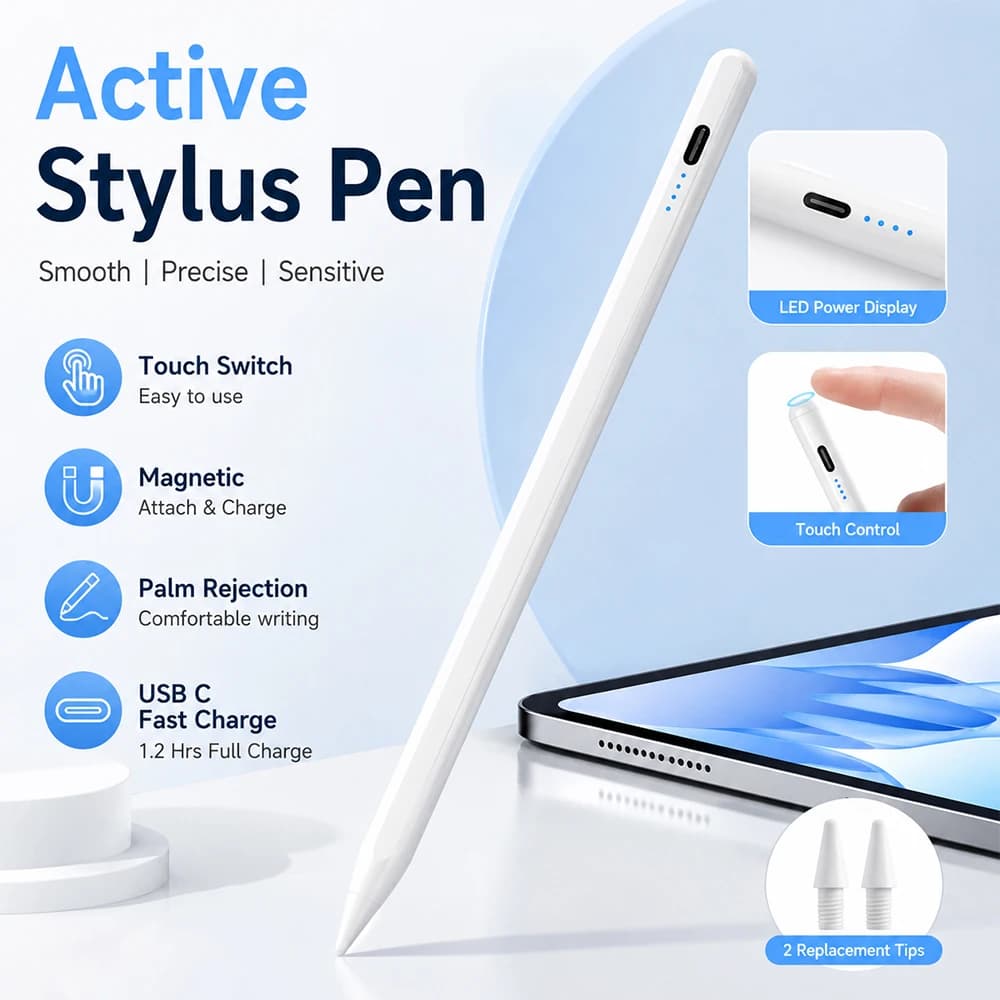 Stylus Pen for iPad 2018 Later, Active Pencil Compatible iPad Air Pro Mini, Palm Rejection Writing Drawing Tablet Accessories