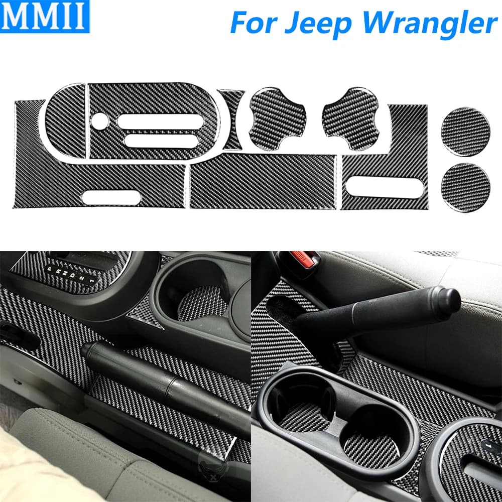Per Jeep Wrangler 2007-2010 In Fibra di Carbonio Gear Shift Portabicchieri Acqua Freno A Mano Pannello Set Copertura Decorativa Accessori Auto Stick