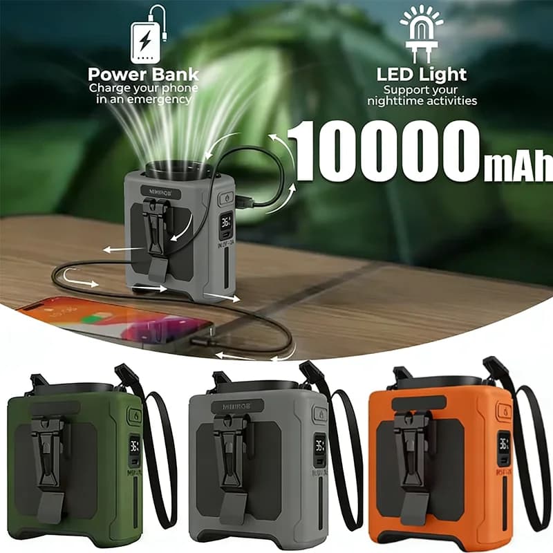 10000 mAh high power portable neck fan with LED light and power bank for outdoor sports, emergencies and work