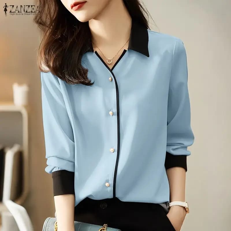 ZANZEA Camicie Minimaliste da Donna con Colletto a Contrasto, Maniche Lunghe e Bottoni, Bluse Casual Primavera 2026 Stile OL Chemise Femme