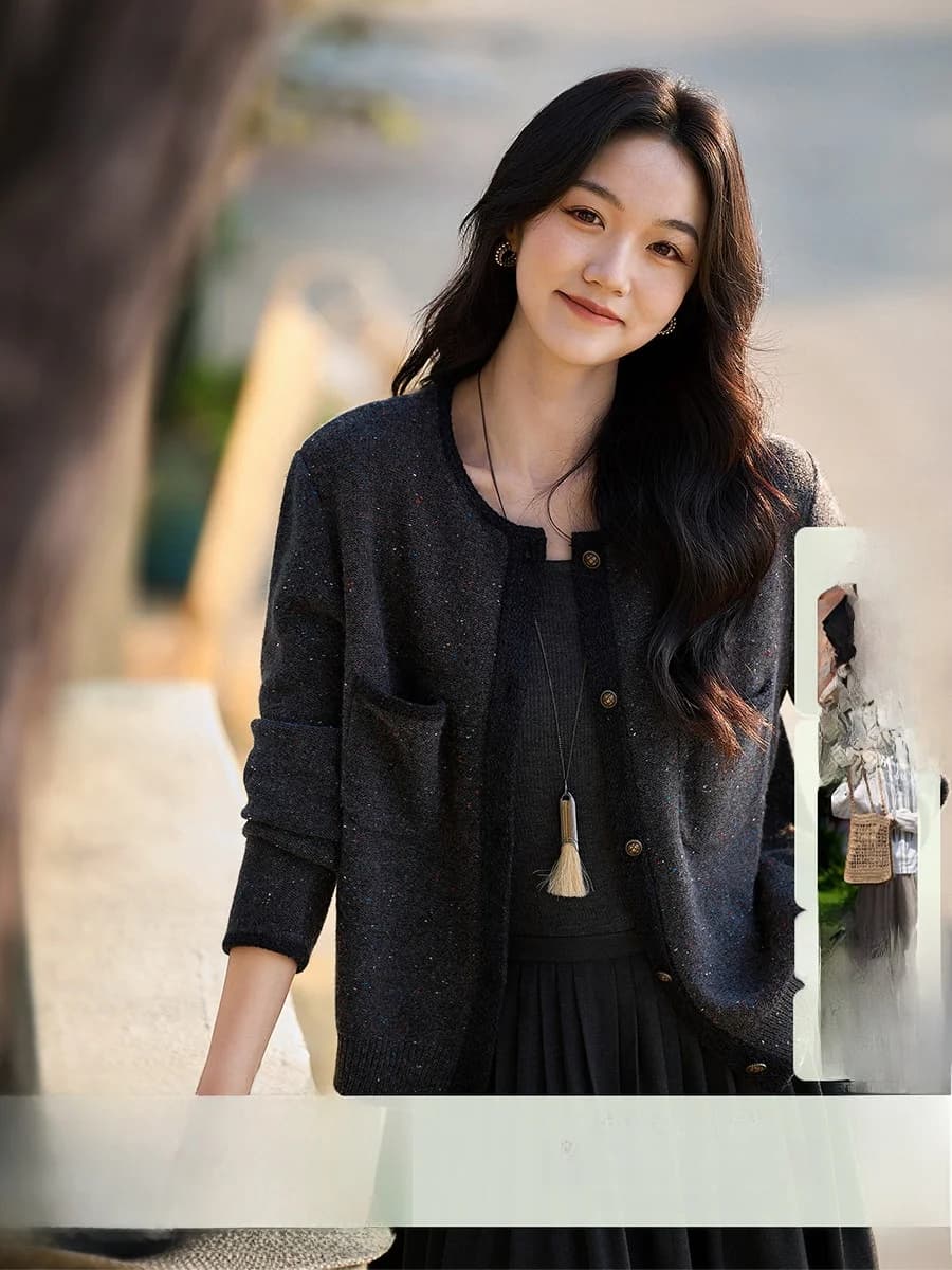 Cardigan in Lana Lavorata a Maglia Xhange a Maniche Lunghe con Design a Pois, Stile Casual Morbido, Collezione Primavera Moda Donna