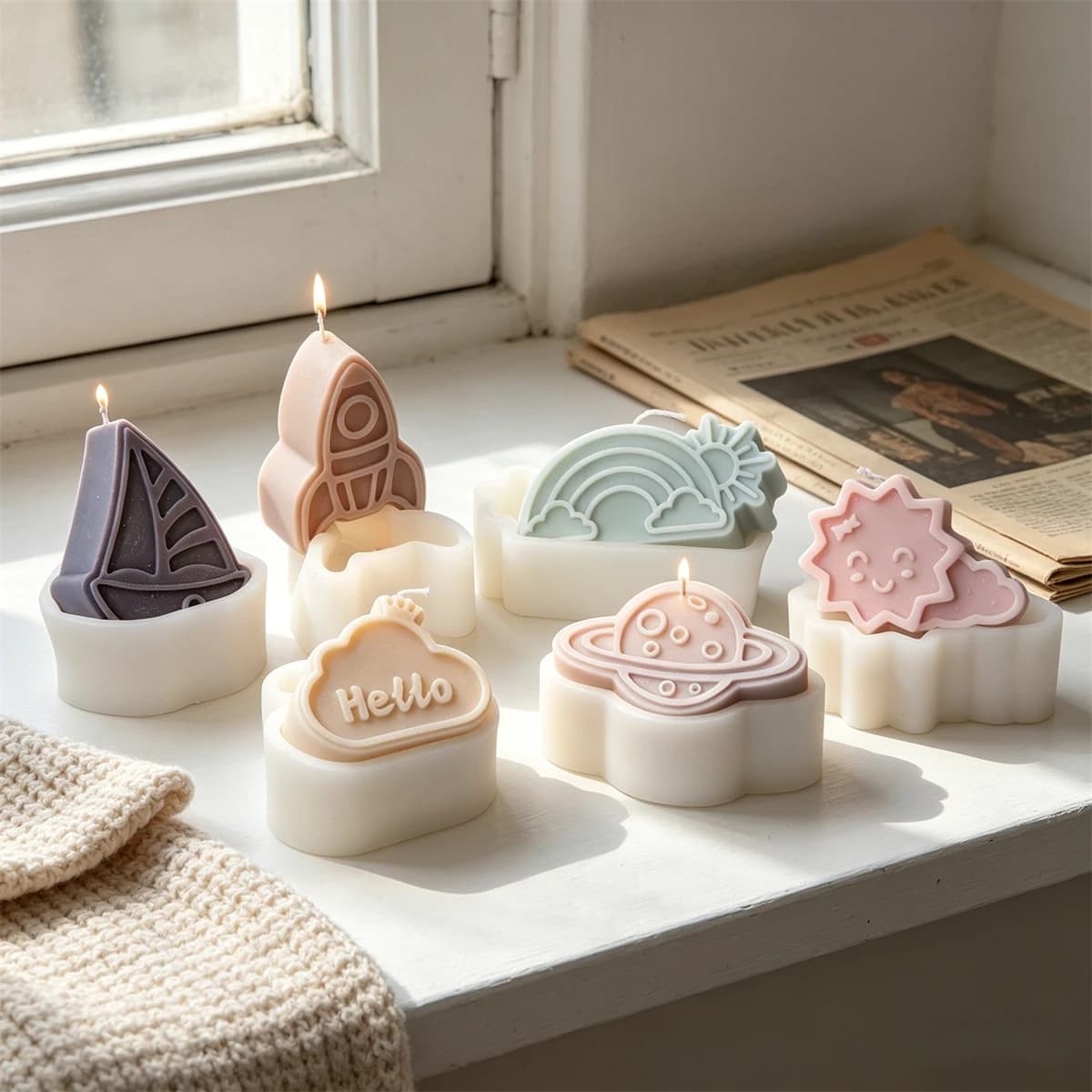 Cartoon Space Candle Silicone Mold 3D Rocket Planet Rainbow Sun Cloud Soap Mold for Soy Candle Making, Resin Soap Plaster