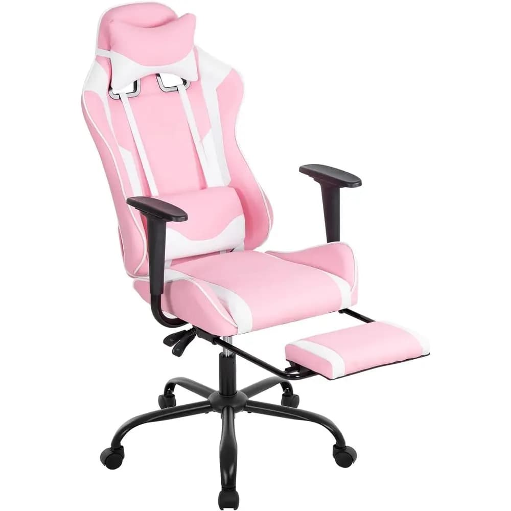 Sedia Ergonomica Reclinabile Rosa con Supporto Lombare, Cuscino e Poggiapiedi Regolabili per Casa o Ufficio