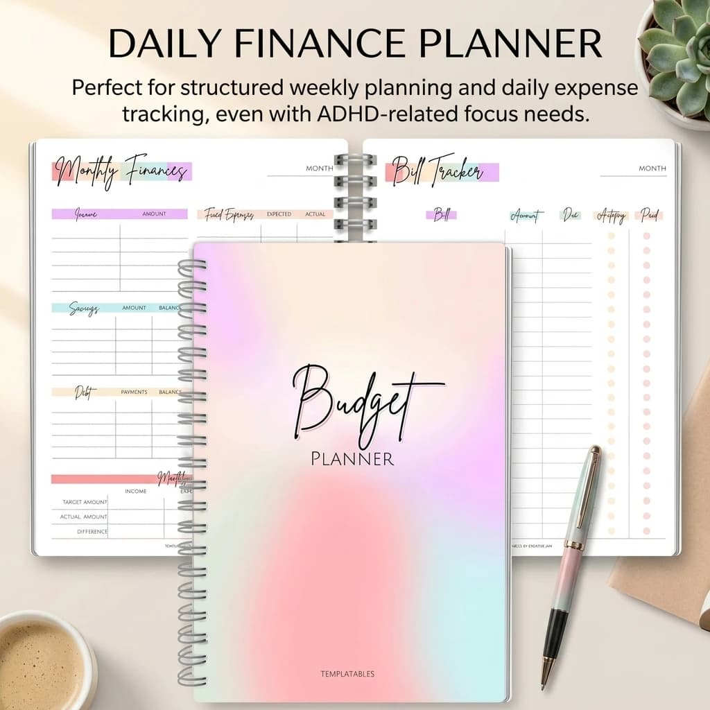 Quaderno per la gestione quotidiana di entrate ed espese, agenda settimanale per la pianificazione del budget, per ADHD