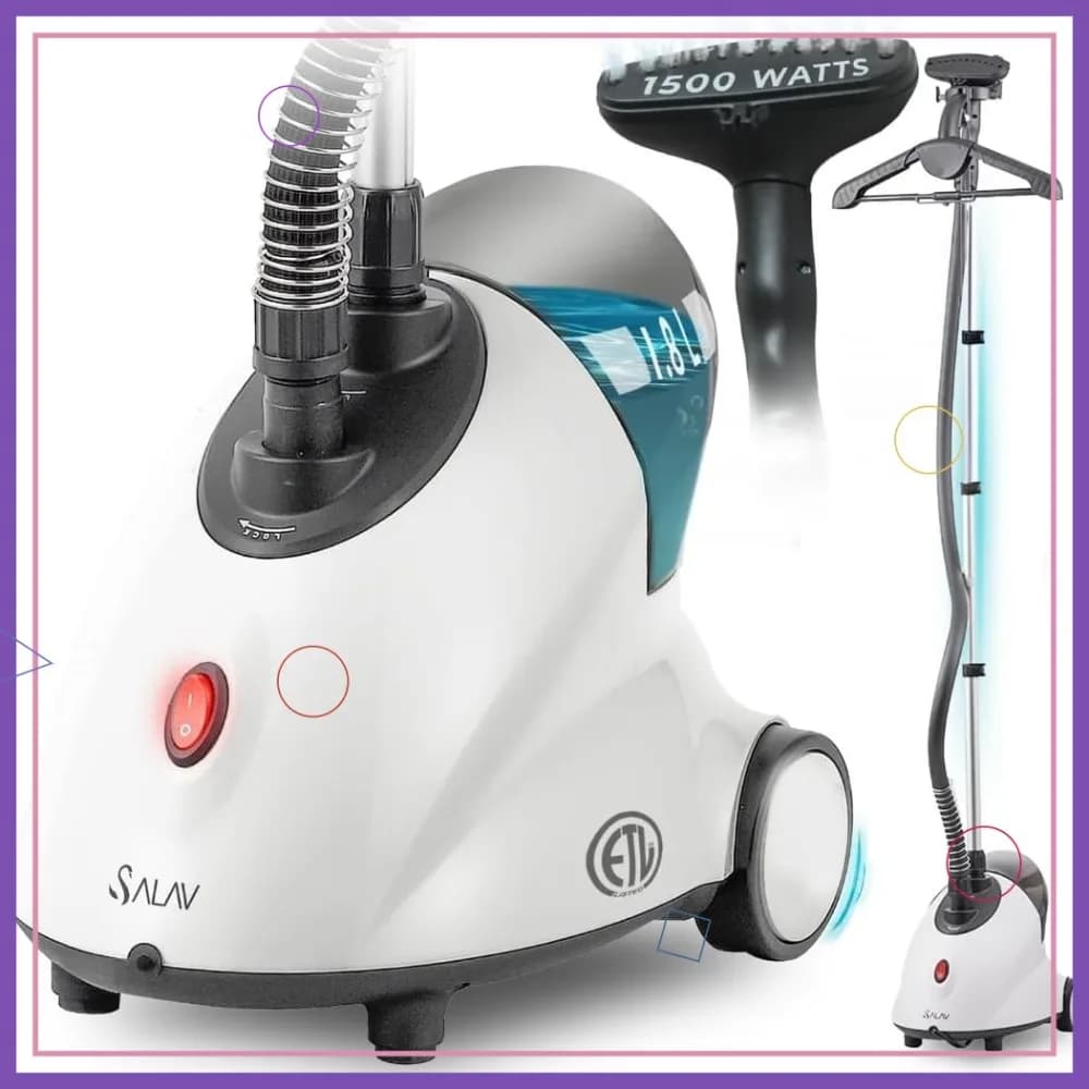 Vaporizzatore per Vestiti Professionale da 1500W, Serbatoio da 1,8L, 60 Minuti di Vapore, Asta Regolabile e Ruote