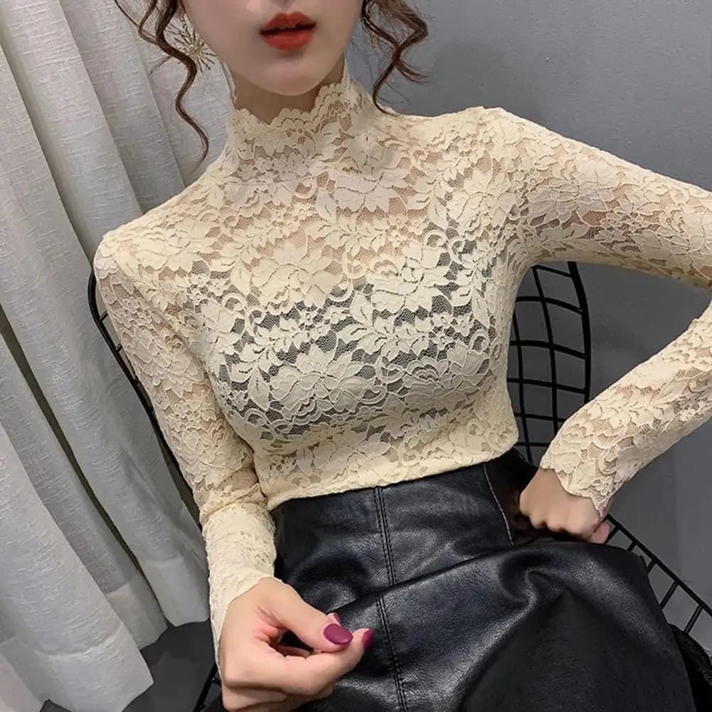 Women's Long Sleeved Lace Crochet Long Sleeves Transparent Lace Floral Crochet Tunic Pullover Blouse T-shirt Women's Base