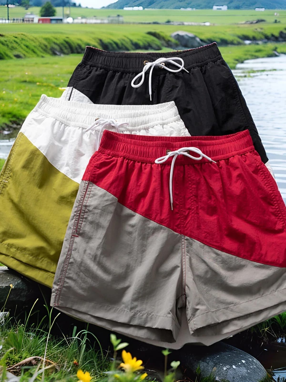 Pantaloncini Sportivi da Uomo con Patchwork, per Fitness e Corsa, Estivi, Trendy, a Vita Bassa, Gamba Dritta, Traspiranti in Poliestere, Casual
