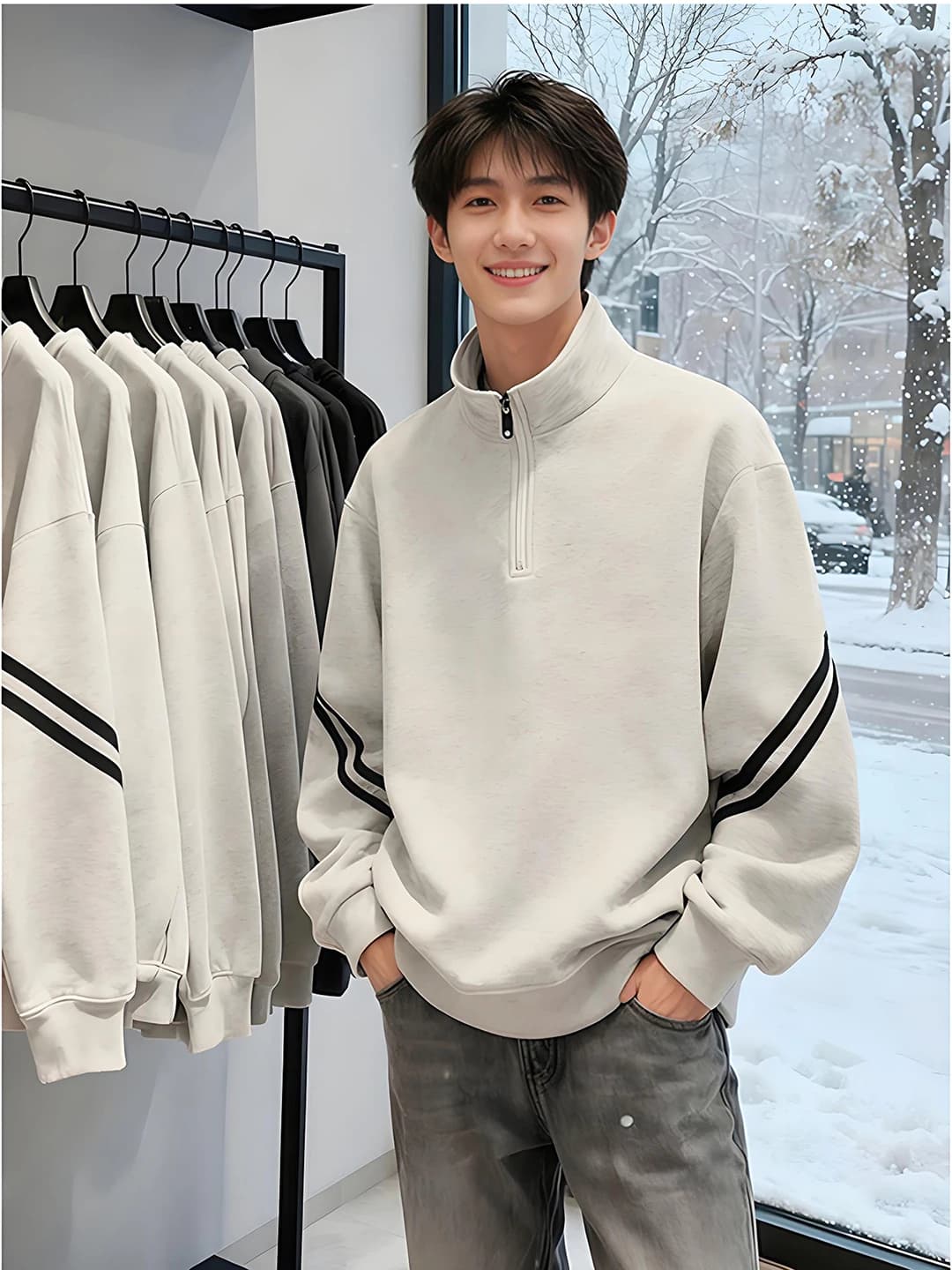 Fleece Lined Hoodie Men's Winter Warm Stand Collar Half Zipper Striped Casual Sweatshirt Youth Popular Home Party Sportwear