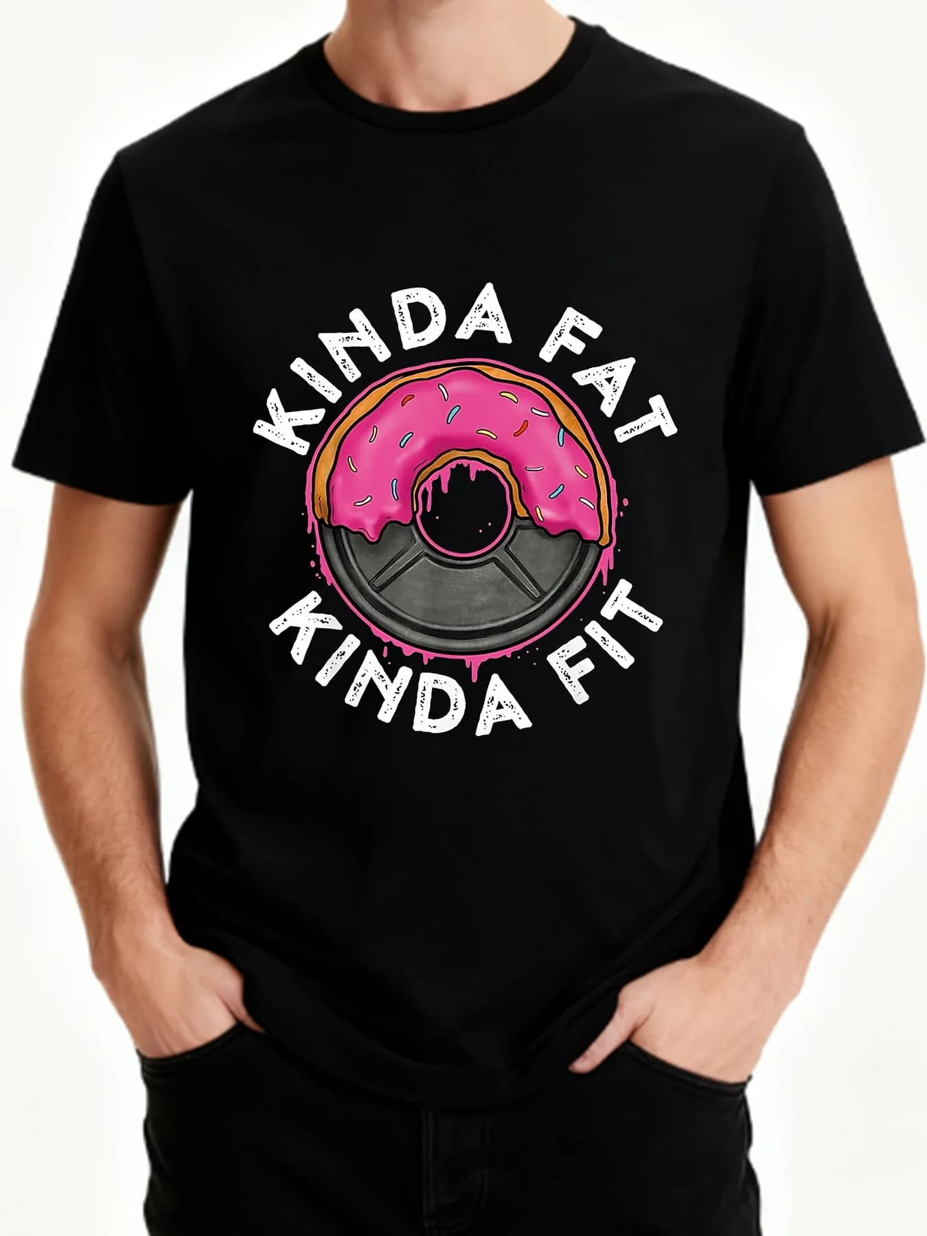 Men's black t-shirt with round neckline, with a delicious donut-shaped print