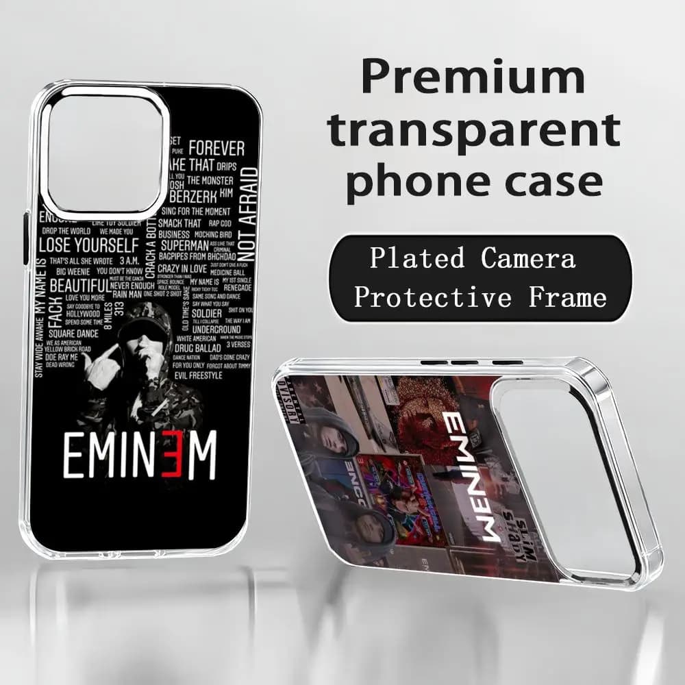 E-Eminemes Hot Rapper Phone Case For iPhone17 air 16 15 14 13 12 11 Pro Max Plus Chrome Button Camera Ring Transparent