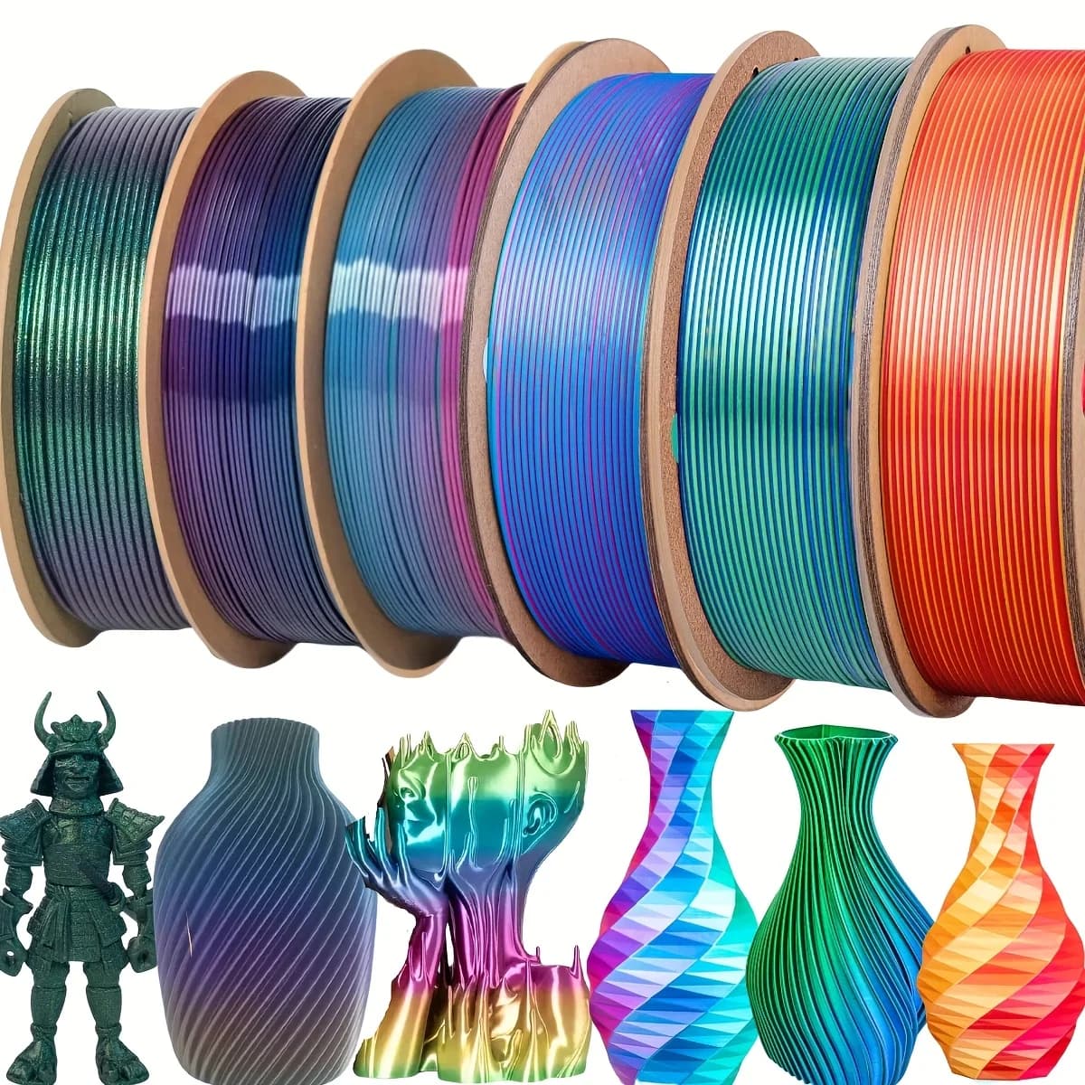 6-piece 3D printer filament package, silk PLA 1.75 mm, total 1.5 kg, 250 g per coil, Dim0ensional accuracy +/- 0.03 mm