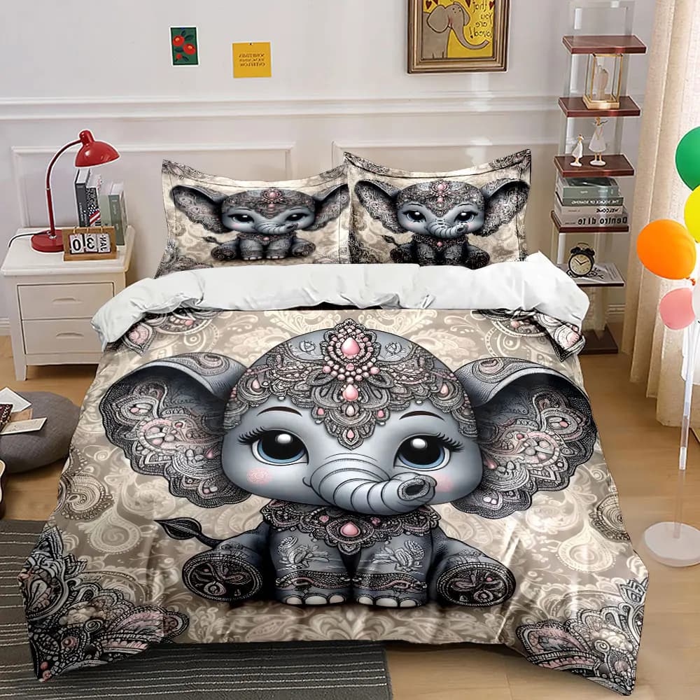 Disegno ornamentale di elefante in stile cartone animato. Set di Biancheria da Letto Stampata: 1 Copripiumino e 2 Federe per Adulti e Bambini, Regalo di Lusso, Misura Completa