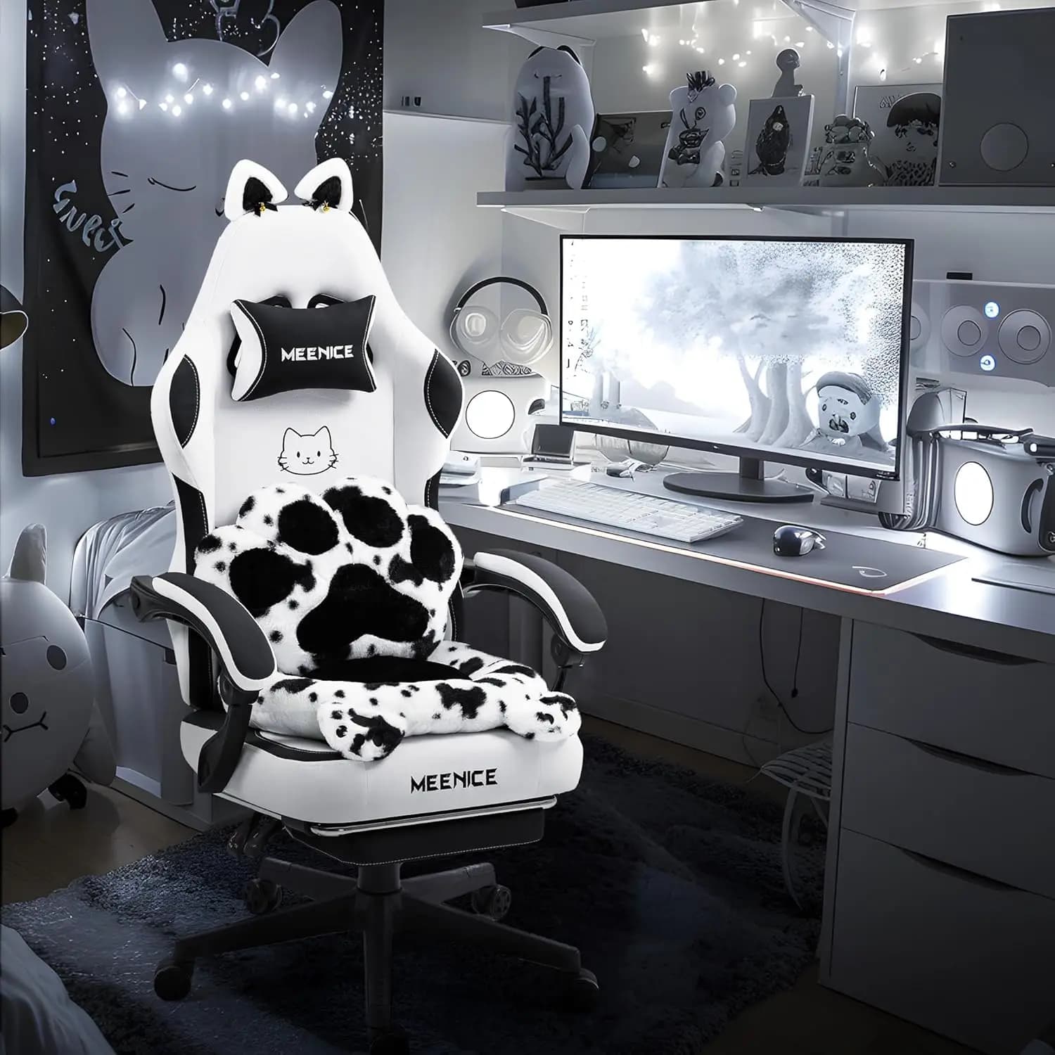 Sedia da Gaming Carina con Orecchie e Zampe di Gatto, Supporto Lombare e Cuscino, Sedia Ergonomica da Computer con Poggiapiedi, Sedia Reclinabile da Gioco per Ragazze