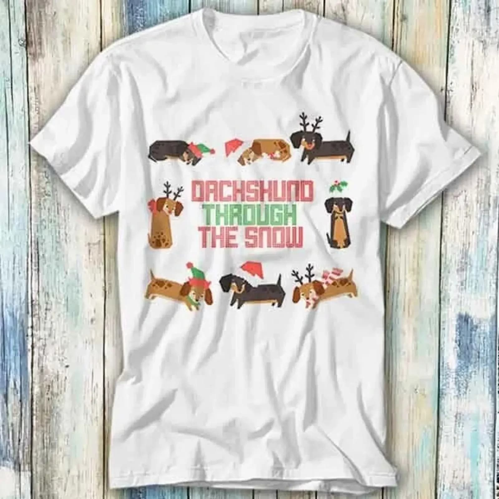 Dachshund Through The Snow Christmas Dog T Shirt Meme Top 674 vintage Washed fashion homme grafico streetwear comodo
