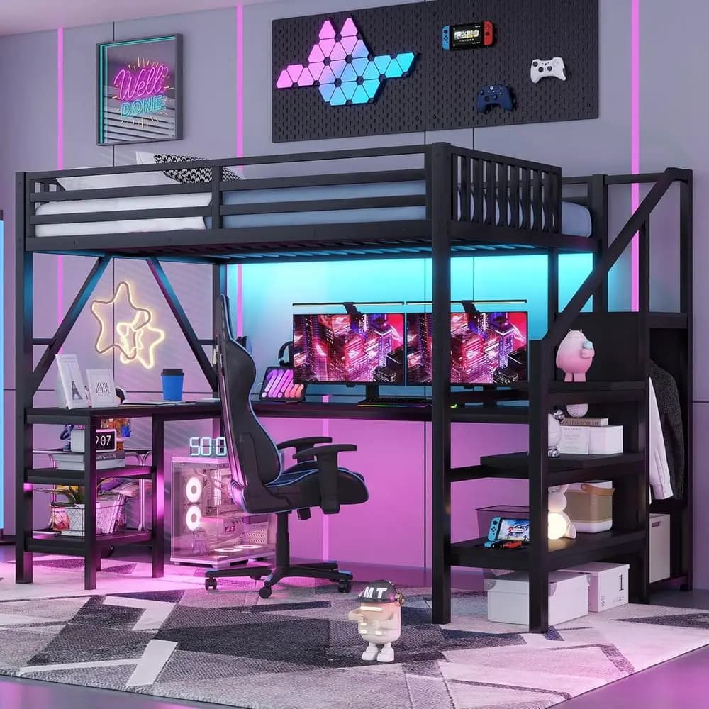 Letto a soppalco matrimoniale con scale e scrivania, letto a soppalco da gaming con luci LED RGB e ripiani portaoggetti, letto a soppalco in metallo resistente con armadio