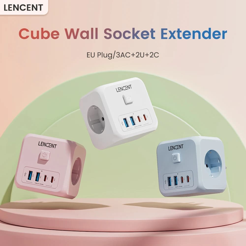 LENCENT EU Plug Cube Presa a muro Extender con 3AC+2USB+2Type C 5V/3A Adattatore Presa 7 in 1 Interruttore on/off
