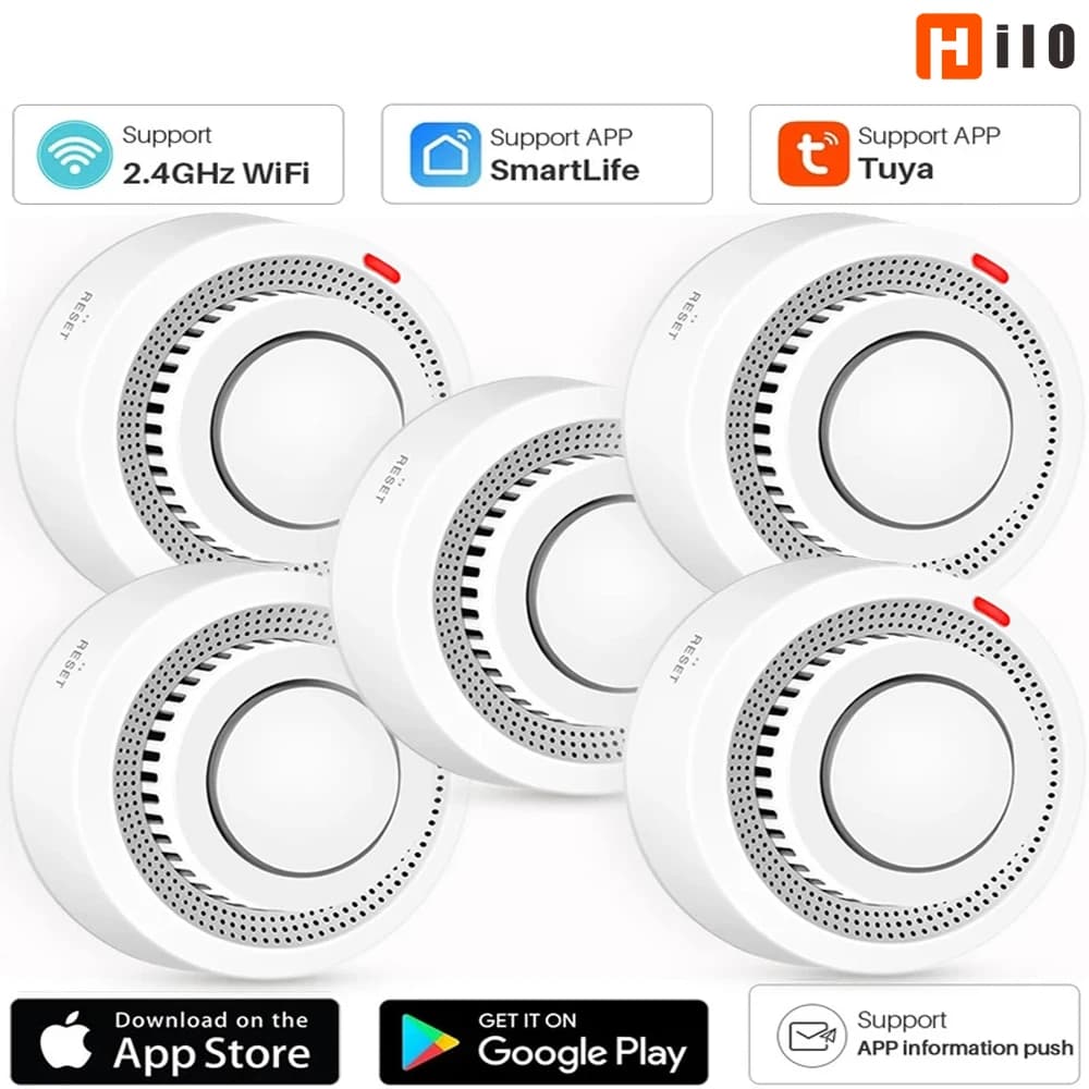 Hilo Wifi Tuya Sensore rilevatore di fumo intelligente Protezione antincendio wireless Allarme fumo Sensore di prevenzione di sicurezza ad alta sensibilità 80DB