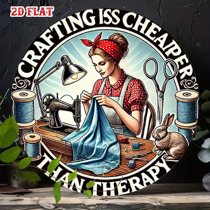 2D Flat 1pc Thread Spool Aluminum Metal Tin Sign, Sewing Fun Round Aluminum Sign, Rabbit Friend 7.87X7.87 Round Aluminum Sign