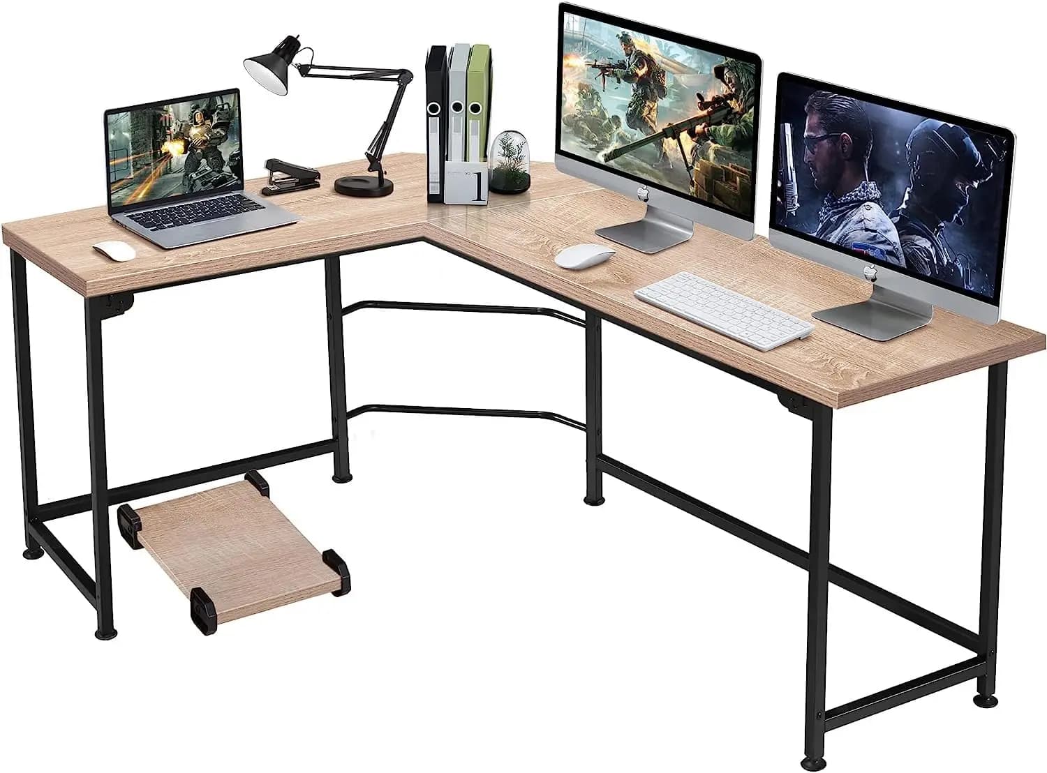 Scrivania a L da 66 pollici per computer, postazione di lavoro per ufficio domestico con supporto CPU per laptop e doppio monitor
