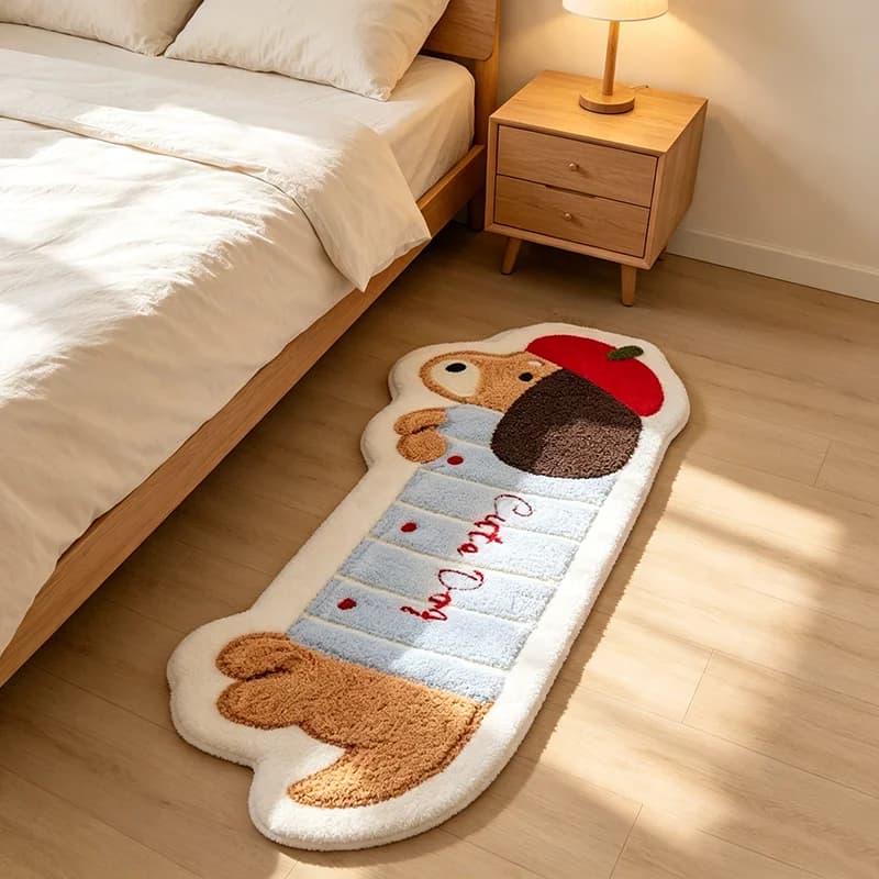 VIKAMA Cartoon Dachshund Apple Shaped Fluffy Rug Cute Irregular Non Slip Bedside Bedroom Floor Mat Home Decor