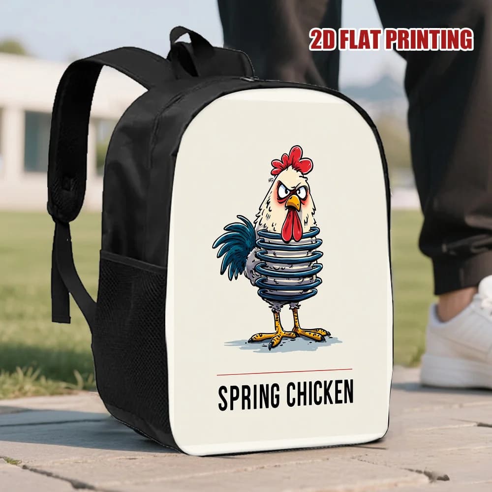 Zaino con stampa piatta 2D del cartone animato Angry Rooster - Zaino elegante e leggero in poliestere per adolescenti, regolabile e staccabile