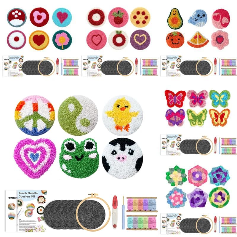 GATYZTORY 6pc/Sets Punch Needle Coasters Kit for Adults Funny Easy Art Punch Needle Embroidery Kit Christmas Gift Tufted Rug Pad