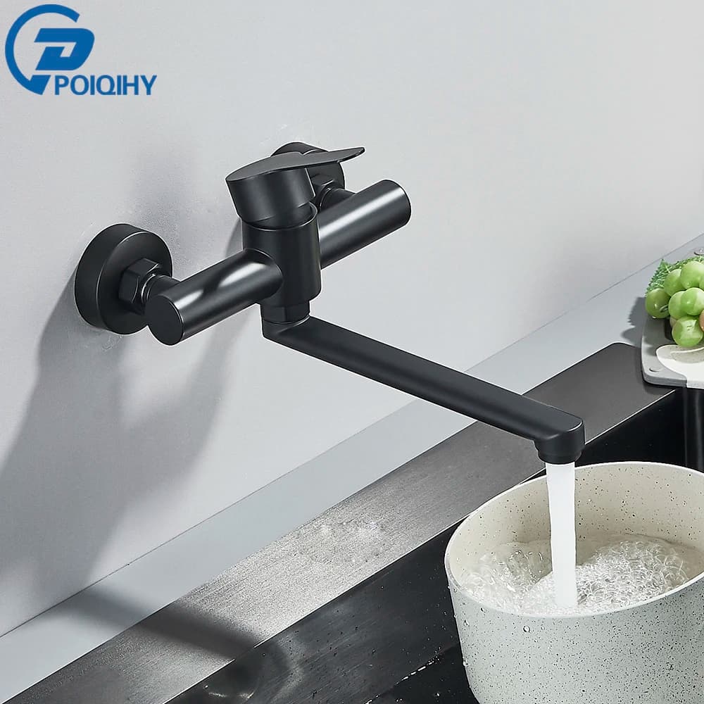 Rubinetto da cucina a parete nero Beccuccio girevole a 360° Maniglia singola Miscelatore da cucina per bagno Rubinetto caldo freddo in nichel spazzolato