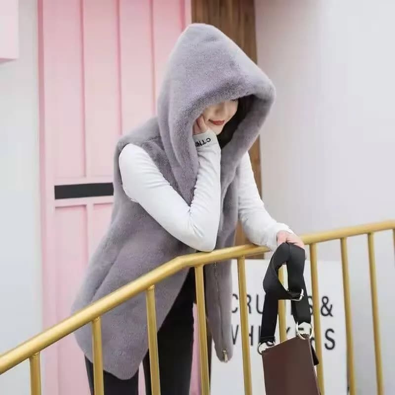 Giacca da donna in pelliccia di stili medio lunghi Giacca da donna con cappuccio in peluche senza maniche Capispalla Autunno Inverno Gilet in pelliccia sintetica femminile