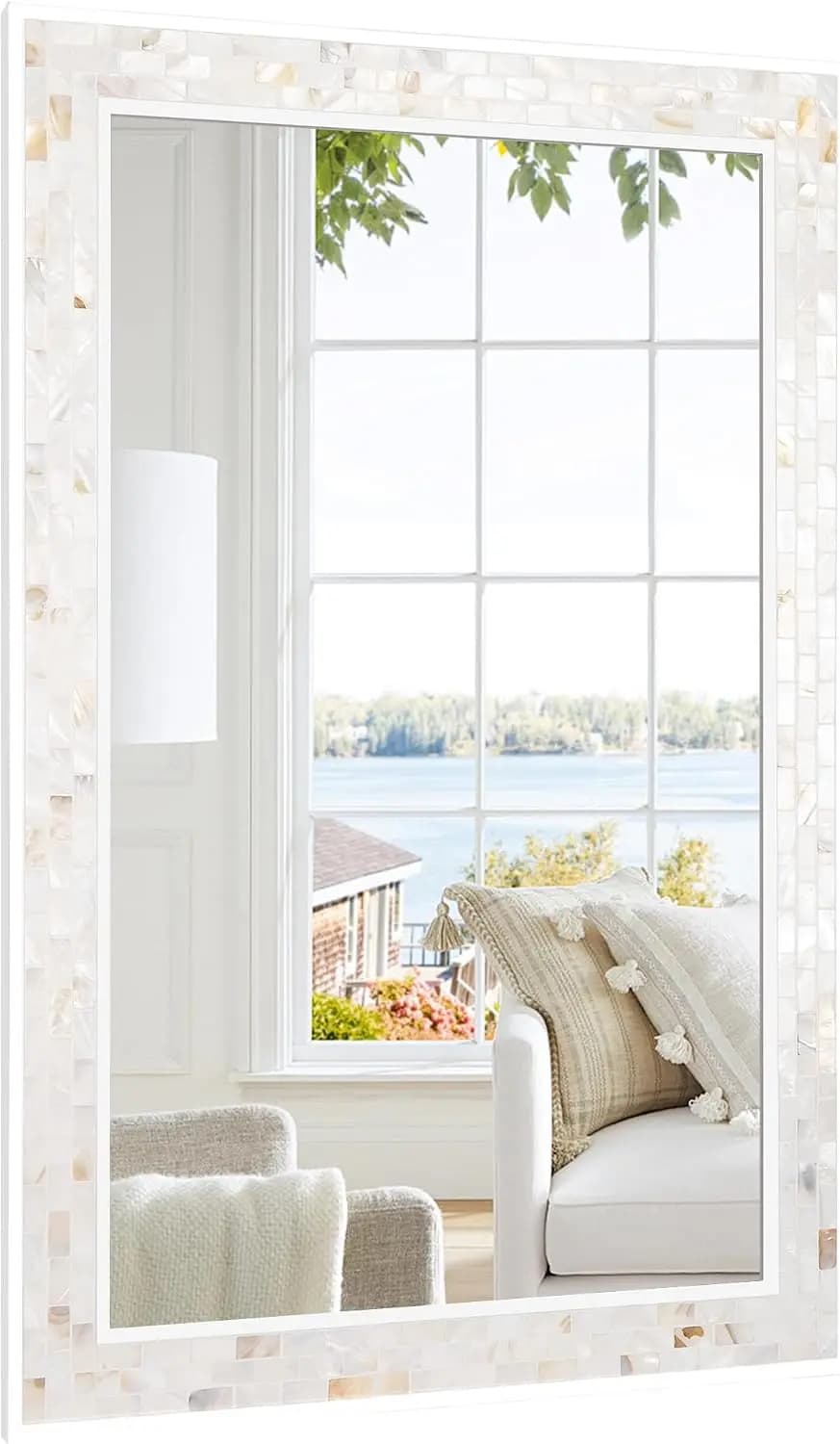 White Framed Rectangle Bathroom Mirror 24X36 Inch Mother Pearl Mosaic Frame Tempered Glass Horizontal Vertical Hanging Bedroom L