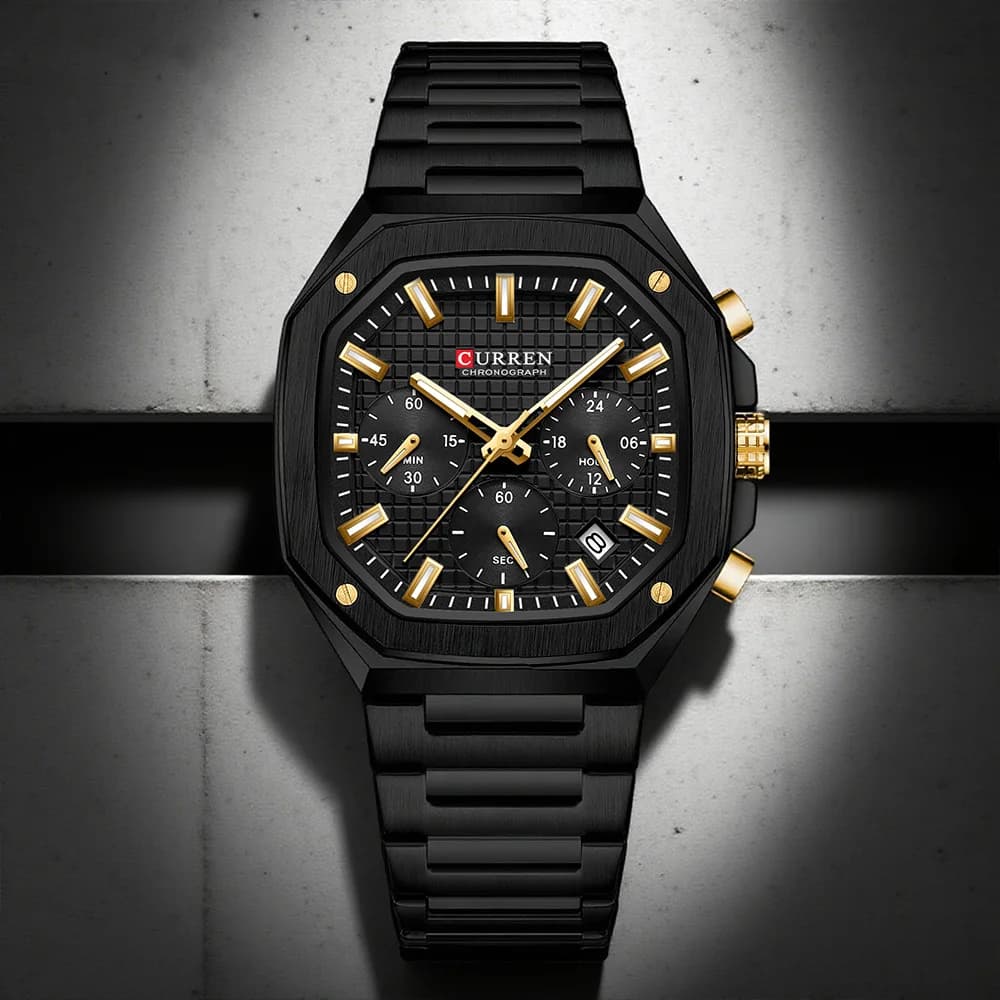 CURREN Luxury Men's Square Chronograph Watch Classic Design Gold Accents on Black Dial Fashion Quartz Wrist Watch Luminous Hands