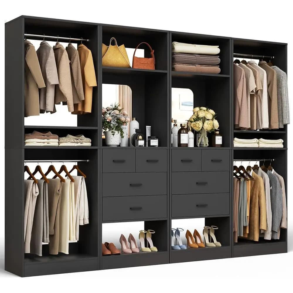 8.3ft Tall Wood Closet Organizer with Hanging Rods, Mirror, Shelves, and Garment Rack, Black