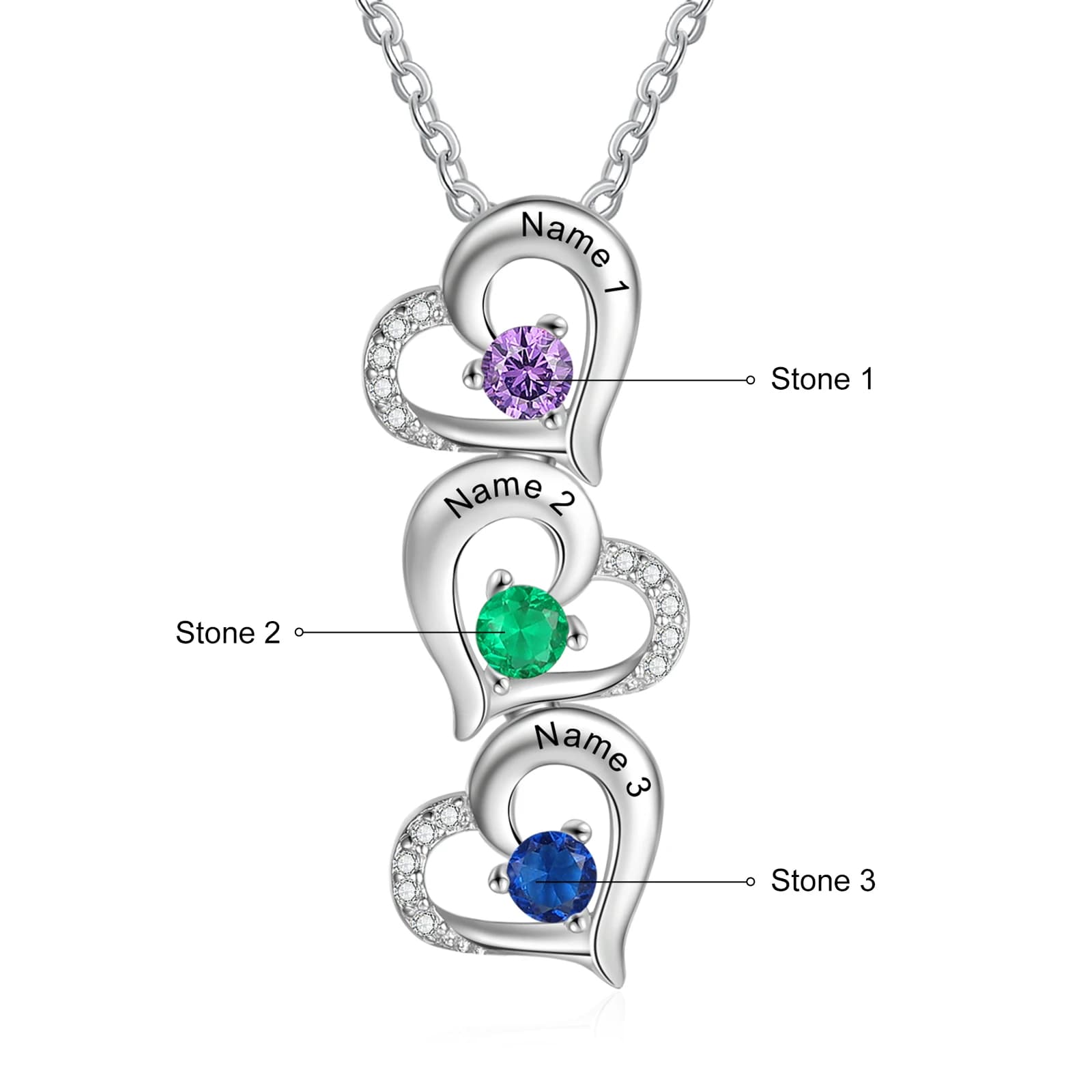 Custom Necklace with Three Hearts and Stones Good luck charm, Overlaid Heart Pendant with Engraved Name, Accento in Cubic Zirconia, Commemorative Jewel for Family, Gift for Mom