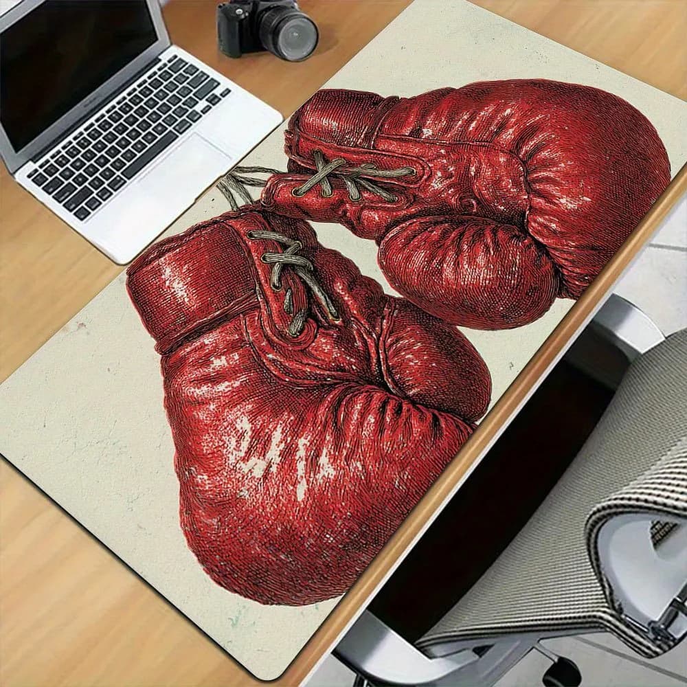 Large mouse pad with classic boxing gloves, anti-slip desk mat with vintage sports art for gym and office furniture