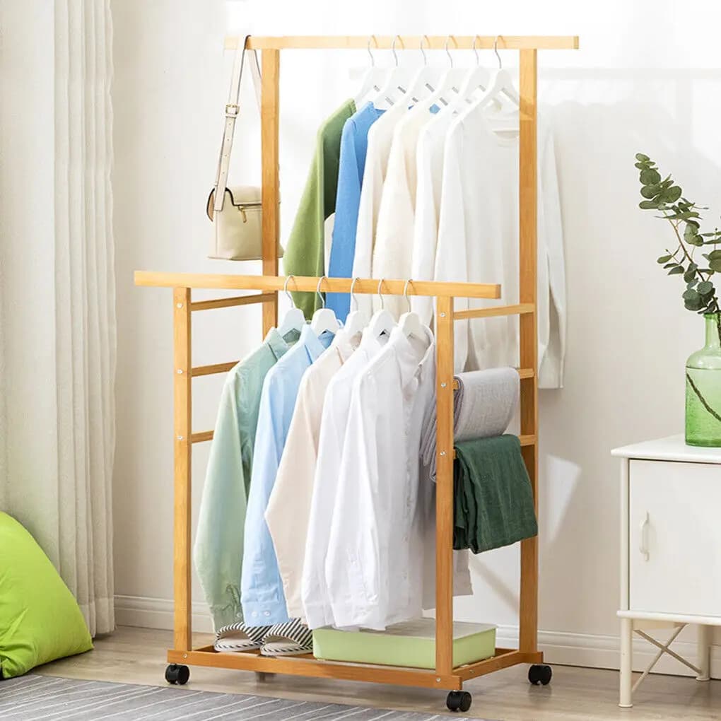 Exhibitor for hanging double-layer clothing, clothes hangers with rotating wheel, durable, closet